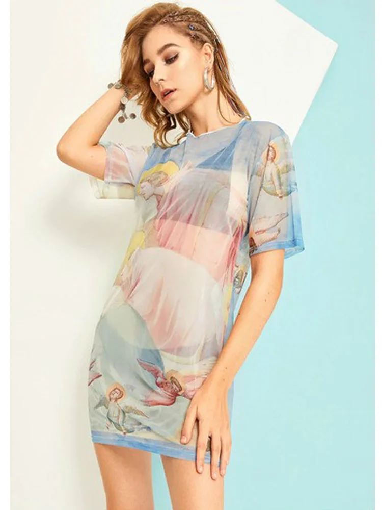 Женское Сетчатое платье с коротким рукавом винтажное принтом ангела 2019 | Женская