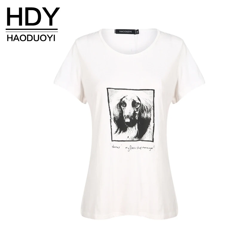 HDY Haoduoyi Мода 2017 г. летняя футболка Женщины Собака печати белый Свободные О