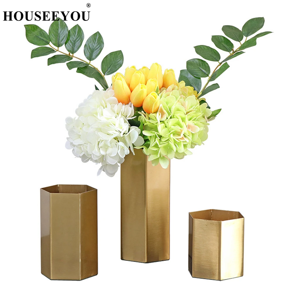 Скандинавская шестиугольная металлическая ваза для цветов с медным покрытием
