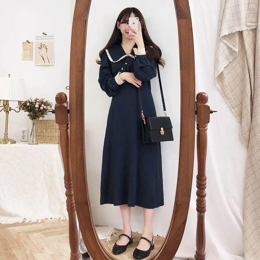 Navy Blue Коллекция года, Новое поступление, S-XL-весеннее кружевное платье для девочек, повседневное, бохо, OL, повседневное, синее, с длинным рукавом, женские платья, женское платье, брекеты, robe Femme Vestido - Цвет: Navy Blue