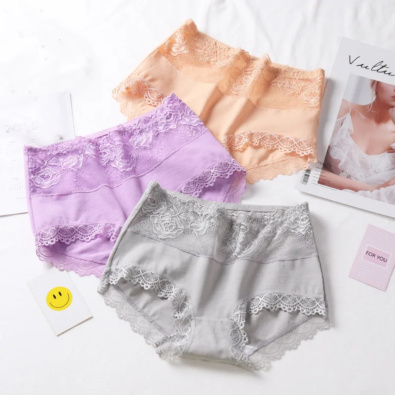 Кружевные трусы с высокой талией женское нижнее белье из хлопка сексуальное