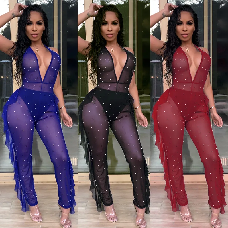 

Pearl Embellished Mesh Ruffles Jumpsuit Summer Wide Leg Sleeveless Playsuits Women Black Casual Party Sexy Backless Jumpsuits