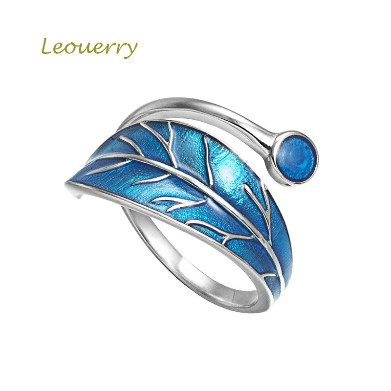 Leouerry 925 пробы серебро Blue Drop глазури дерева кольца с листьями оригинальной