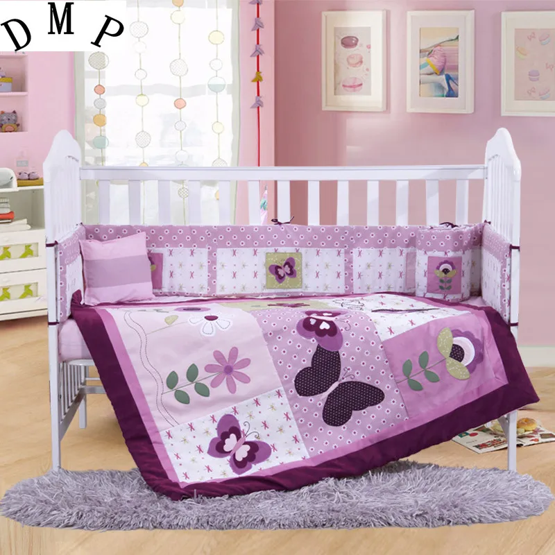 

7PCS Embroidery 100% cotton baby cot bedding sets baby crib sheet kit de berço (4bumper+duvet+sheet+pillow)