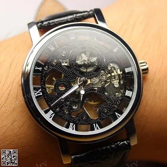 

Men Wristwatch New Fashion Design Hollow Engraving Case PU Leather Skeleton Mechanical Watches For Men TT@88
