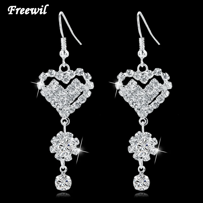 

Hot Sale Long Silver Design Austrian Crystal Heart Drop Earrings Famous Brand Statement Earrings For Women