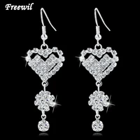 hot sale long silver design austrian crystal heart drop earrings famous brand statement earrings for women