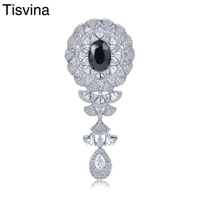 Tisvina Big Brooches for women Wedding jewelry skirt Shape Water Drop Pin Pendant Brooch Crystal Zircon Clothing Accessories | Украшения и