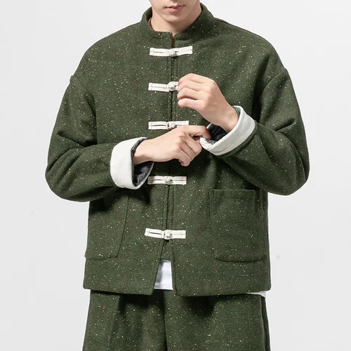 ArmyGreen Кимоно куртка мужская Мужская зимняя хлопковая куртка Китай Стиль лягушка застежка Пуговицы Пальто кунгфу мужской свободный хлопок лайнер пальто 5XL - Цвет: ArmyGreen