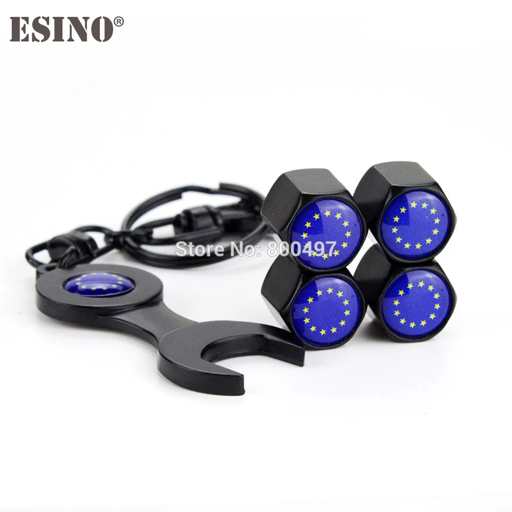 

4 x Car Styling Stainless Steel Zinc Alloy Wheel Tire Valve Stems Caps EU Flag Universal Fit With Mini Wrench Key Chain