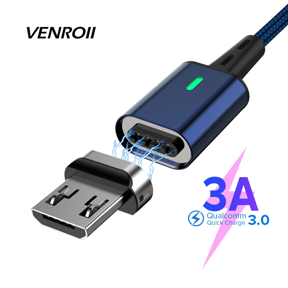 Магнитный usb кабель Venroii 1 M 3A для быстрой зарядки Micro USB Data Kable провод зарядного