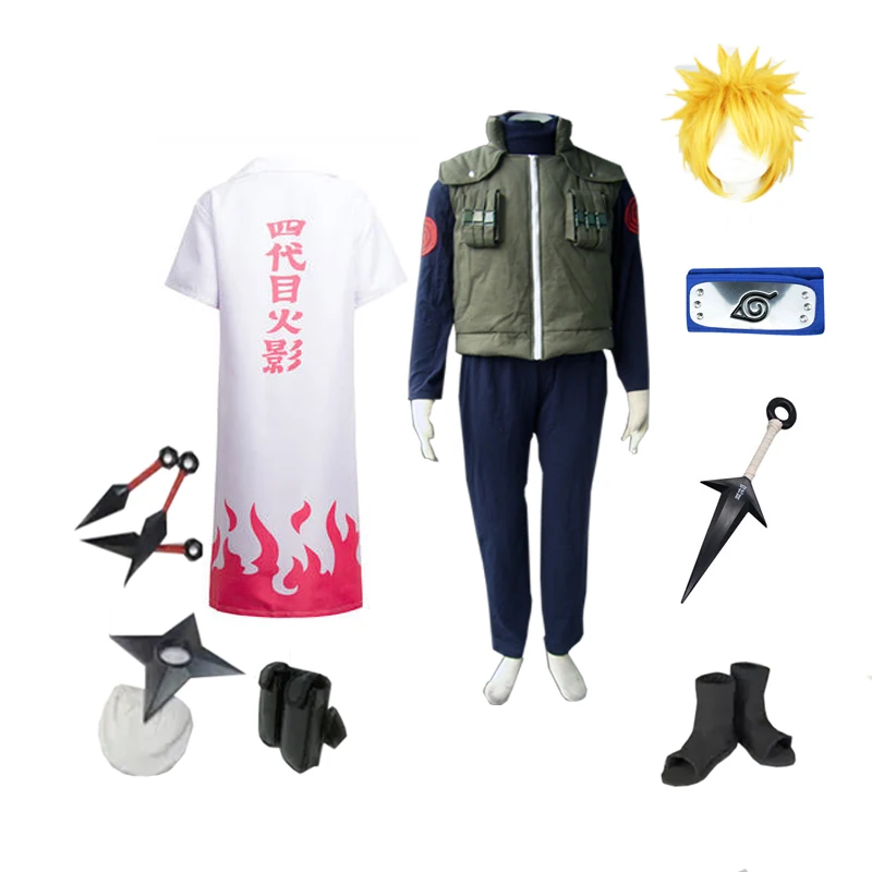 Brdwn Наруто Konoha Hokage Namikaze Минато косплей костюм полный комплект(костюм+ жилет+ плащ+ повязка на голову+ обувь+ кунай+ сумка+ шурикен - Цвет: with wigs