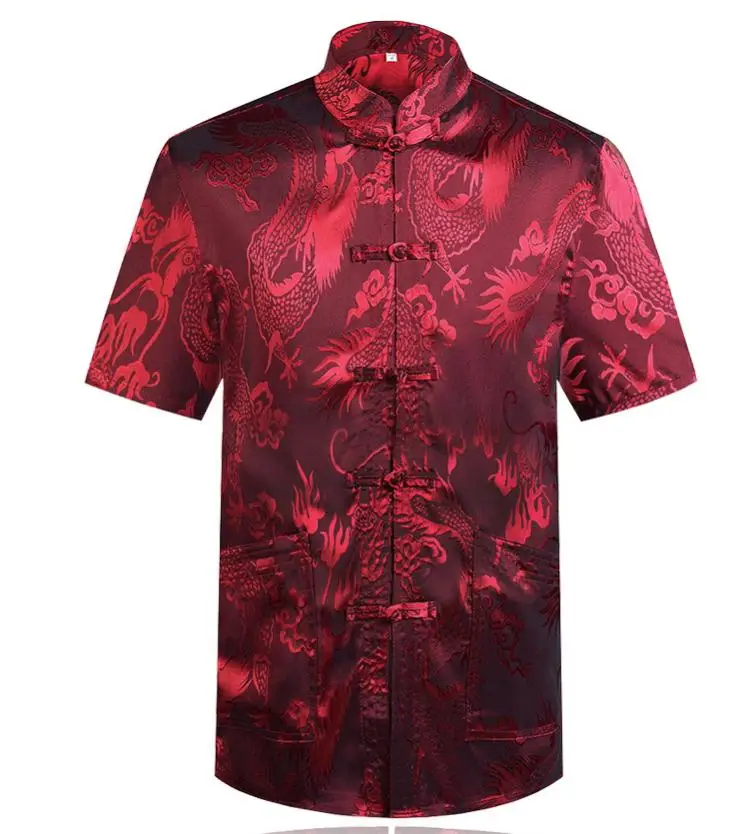 wine red dragon Плюс размер 4XL Лето Кунг-фу Рубашка Блузка мужская с коротким рукавом Традиционный китайский костюм Тан Топ Мужской Тай Чи униформа - Цвет: wine red dragon