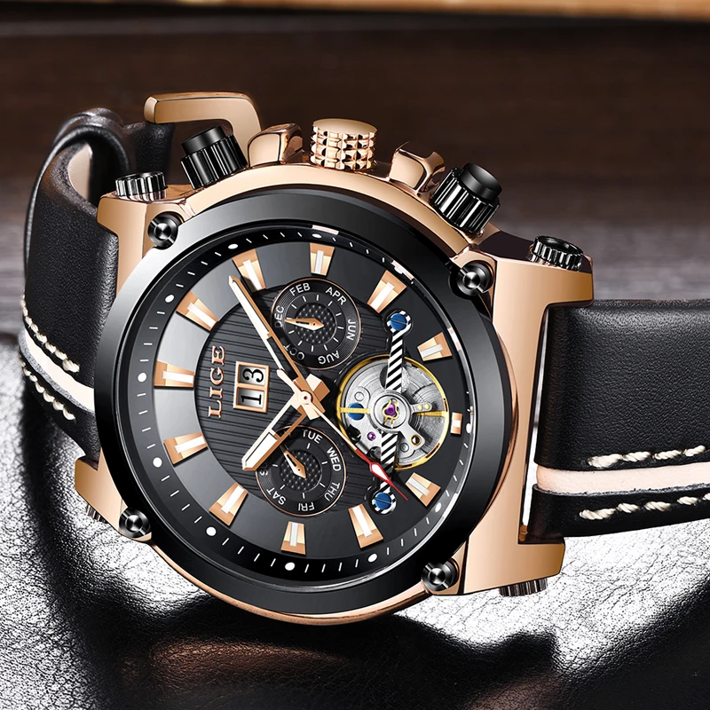 LIGE Роскошные скелетоны Tourbillon спортивные механические часы для мужчин