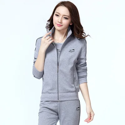 2011- grey Спортивный костюм с длинным рукавом для женщин, комплект из трех предметов, сшитые свитшоты, топы и штаны,, весна-осень, повседневный костюм, женская одежда - Цвет: 2011- grey