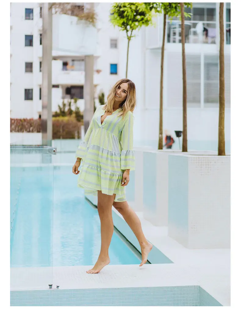 Y Nidus летние полосатые платья Мини женские Boho осенние вечерние короткие пляжные платья повседневные свободные Сарафаны с v-образным вырезом femme Vestidos