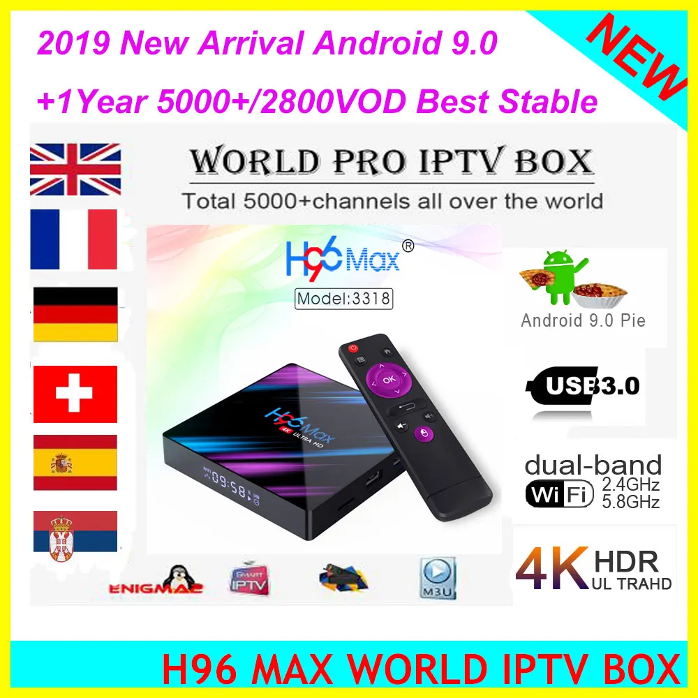 Новое прибытие H96 MAX Android 9,0 ТВ-бокс с 5000+ ip ТВ-каналы для Германии Болгарией, Сербией, швейцарской России, Франции, Великобритании