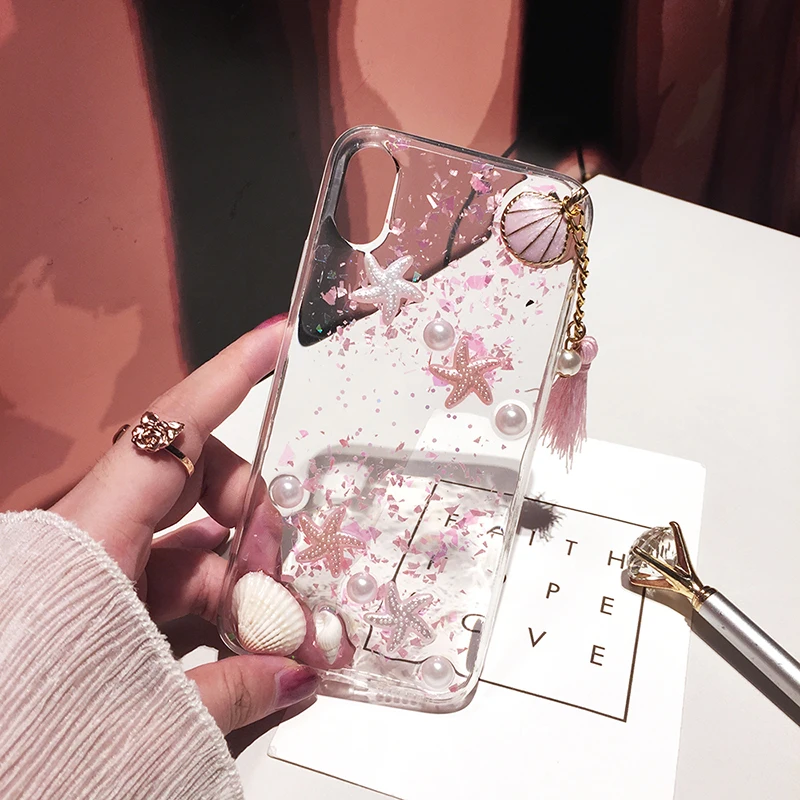 Phone Case for XS MAX XR 6Plus 7Plus Pearls Conch Shell Tassels Soft Silicon Clear iphone 6 6S 7 8 X Plus Coque |
