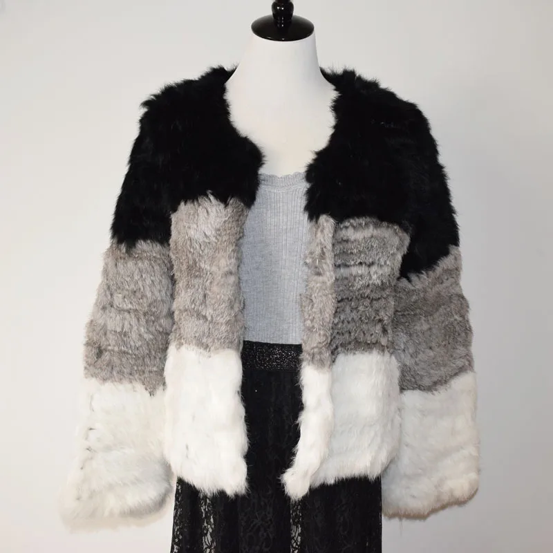 100% Natural Real Knit Rabbit Fur Cardigan Coat Jacket Thick Irregular Collar Garment Rabbit Fur Knitted Outerwear