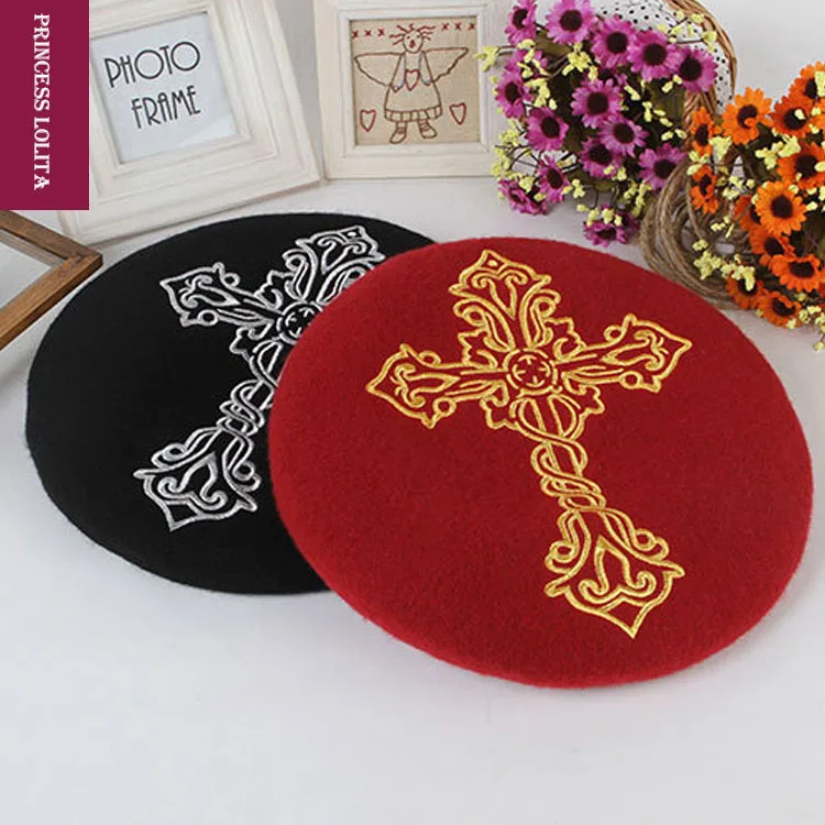 

Princess sweet lolita embroidery Big cross Autumn winter warm wool painter Restoring ancient ways Berets AL08