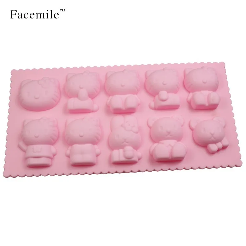 Kawaii 10 отверстие рисунок «Hello Kitty» шоколада пресс DIY силиконовые формы FDA безопасный Ice Cube Плесень мультфильм силиконовые формы шоколада 01056