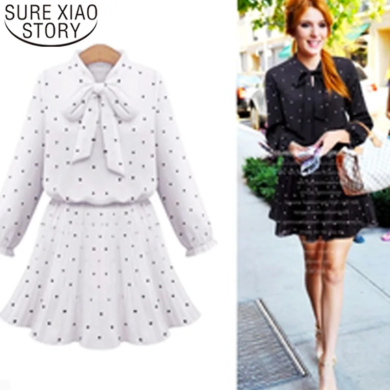 Women Dress 2021 Bow Above Knee Mini Dot Full A-Line Office Lady Chiffon Dresses Empire Ladies White 3418 50 | Женская одежда
