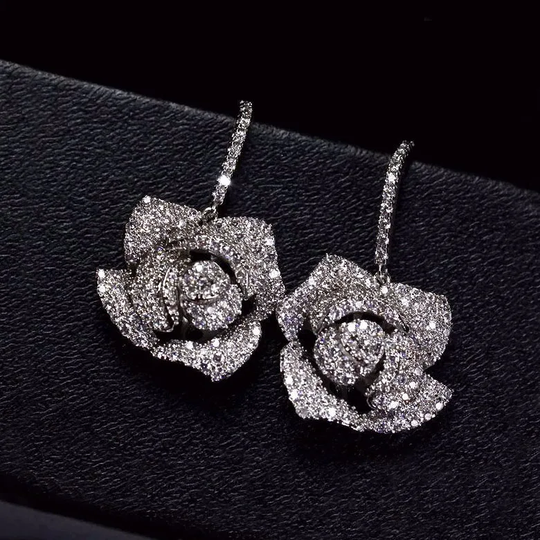 

Sparkling Fashion White Gold Color AAA Cubic zirconia luxury Rose flower Big Dangle Earrings for Women Wedding Jewelry Accessory