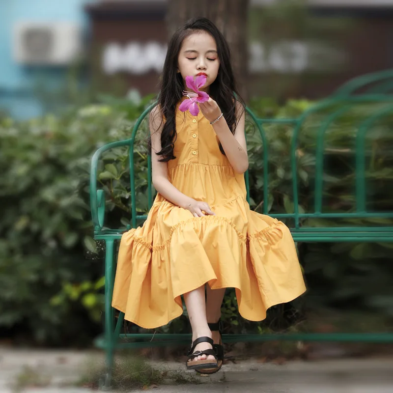 Женское платье для девочек-подростков желтое длинное без рукавов модель GDR655 на