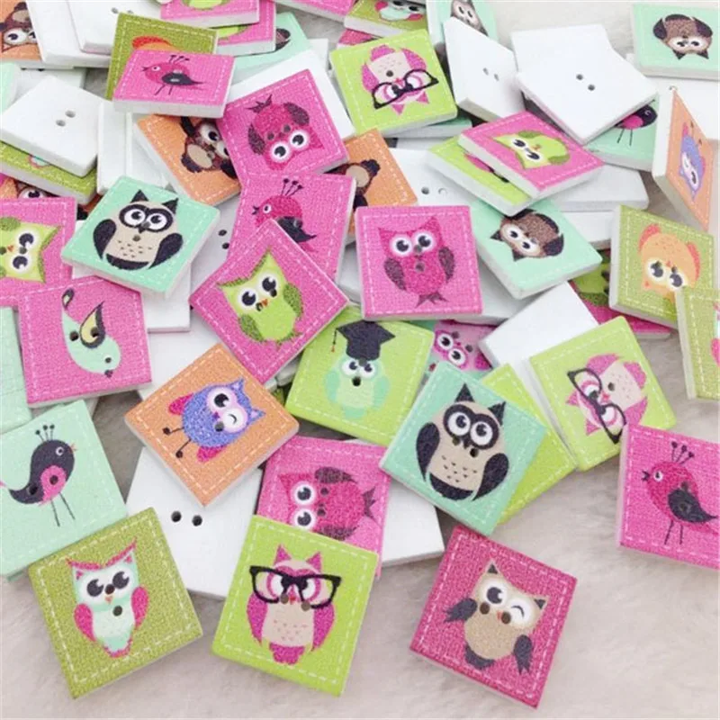 

25/50/100 шт., белая печать, деревянные пуговицы в виде сов, 20 мм, смешанные партии для шитья WB206