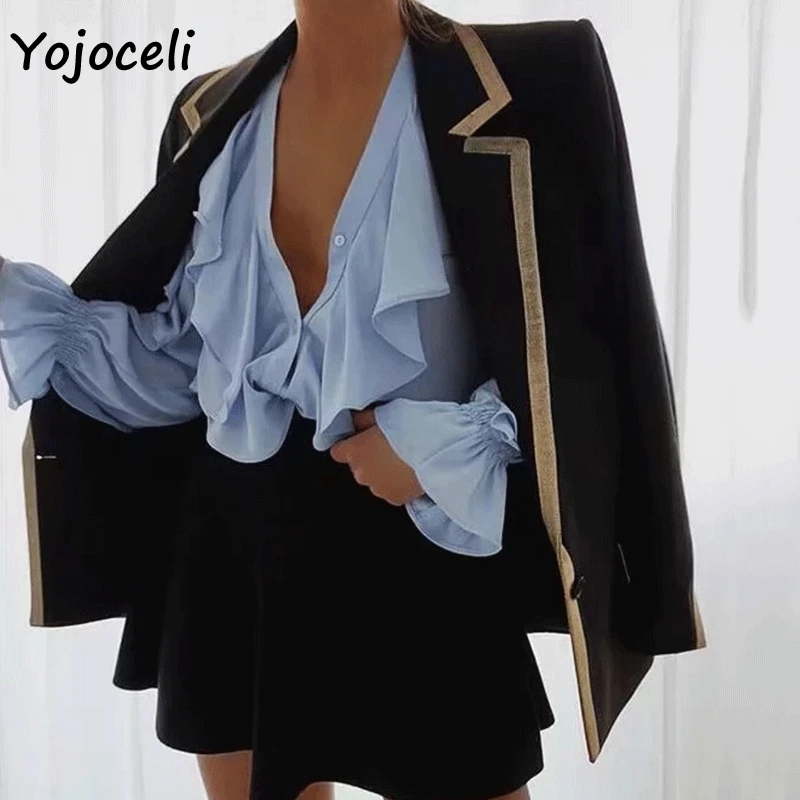 Yojoceli Синий рюшами женские блузки рубашки лето 2019 г. Уличная blusas feamle повседневное v