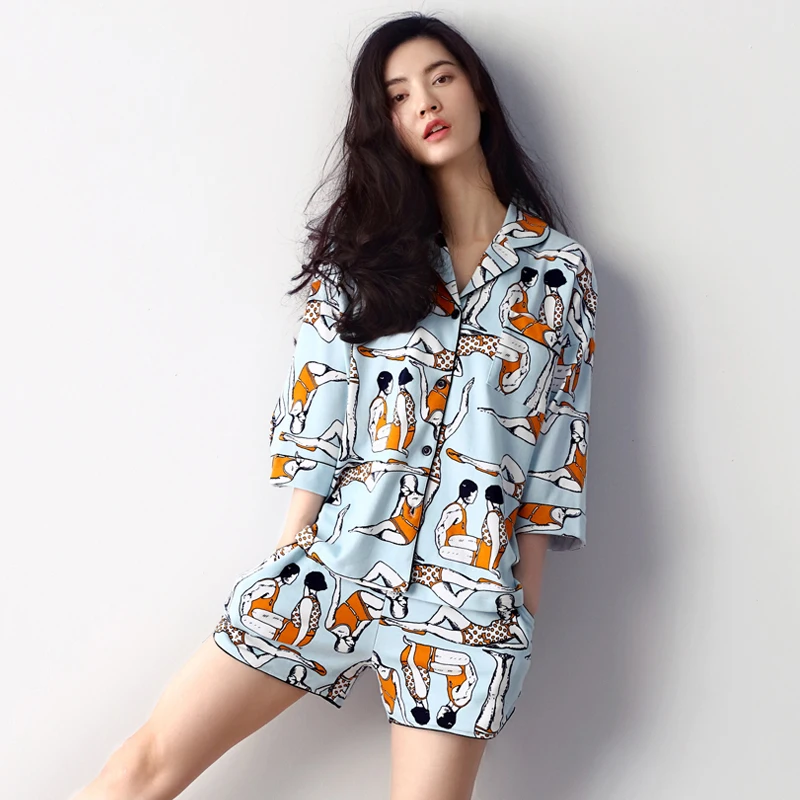 

Spring And Summer Women's 100% Cotton Sleepwear Fashion Three Quarter Sleeve Shorts Cardigan Summer Lounge Pijamas