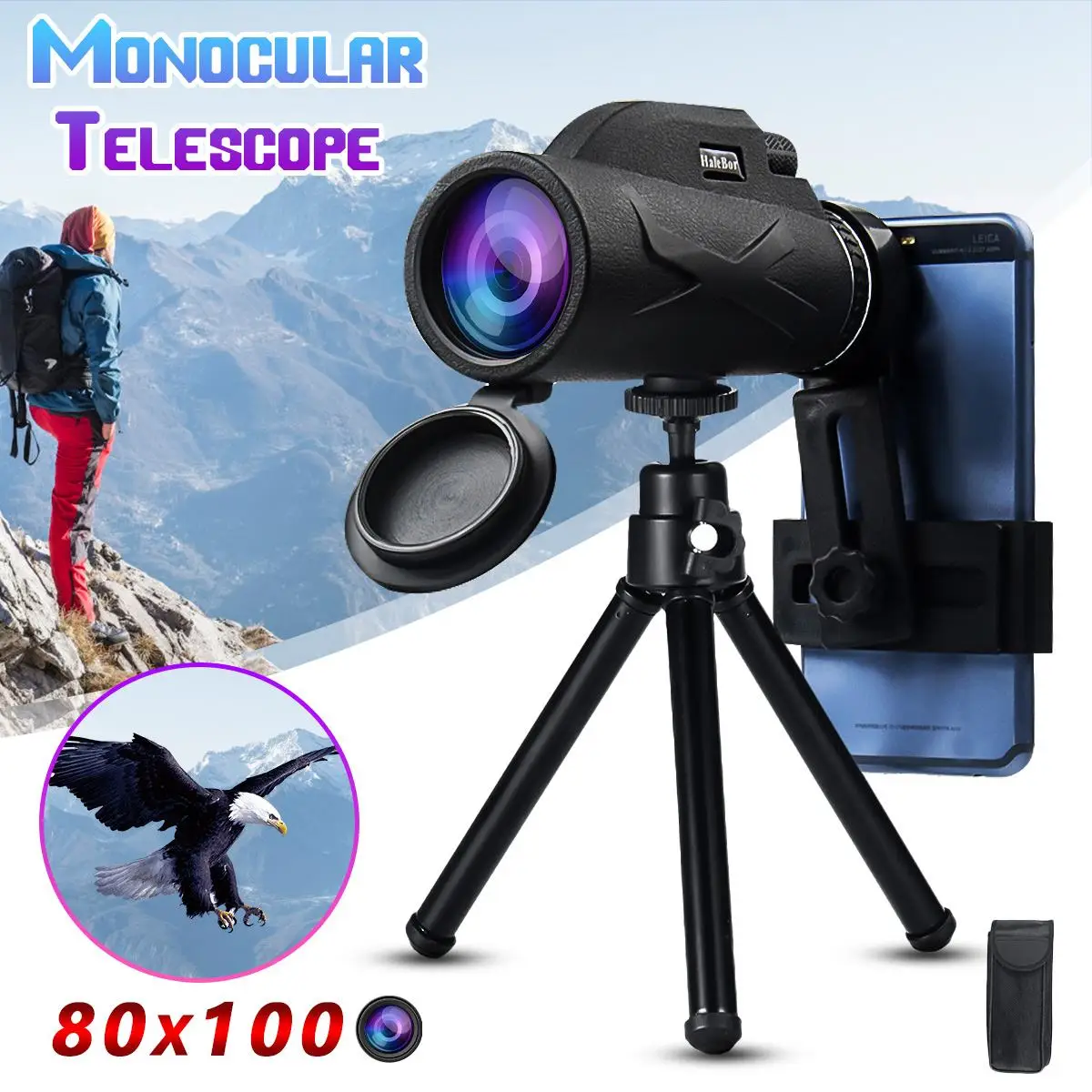 

80x100 Magnification Portable Monocular Telescope Binoculars Zoom Great Handheld Telescope Military HD Powerful Hunting