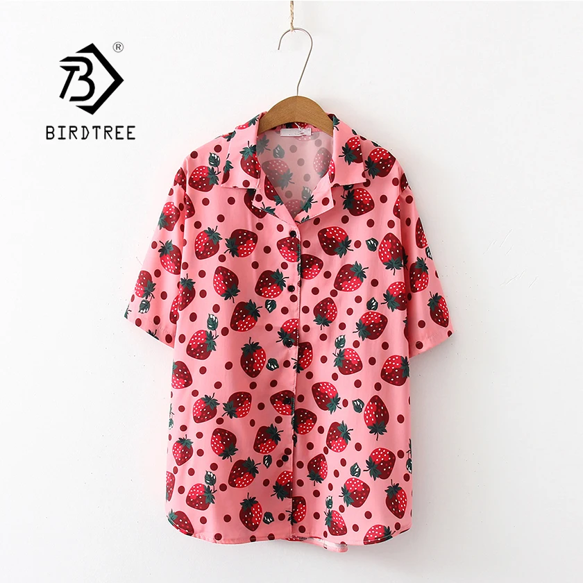 

New Summer Strawberry Dot Print Short Sleeve Notched Blouse Lovely Loose Beach Vacation Chic Top Fashion Thin Pink Shirt T95201F