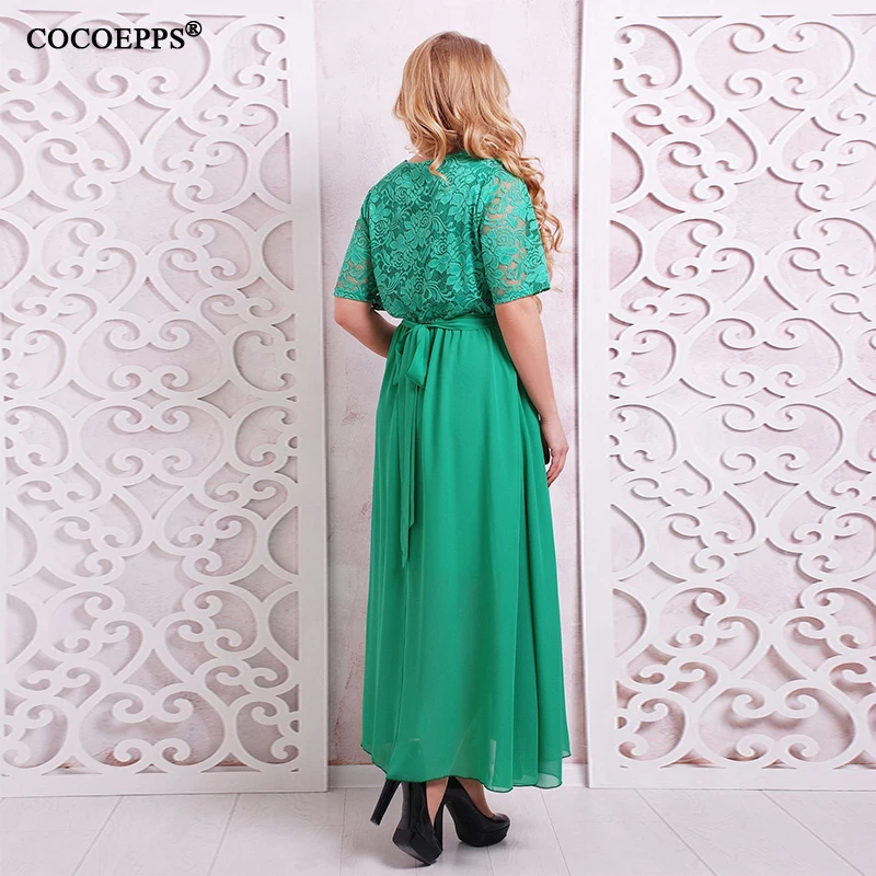 COCOEPPS Plus Size Chiffon Lace Women Long Dresses 2017 Summer Elegant Big Solid Maxi 5XL 6XL Blue Sashes Vestidos | Женская одежда