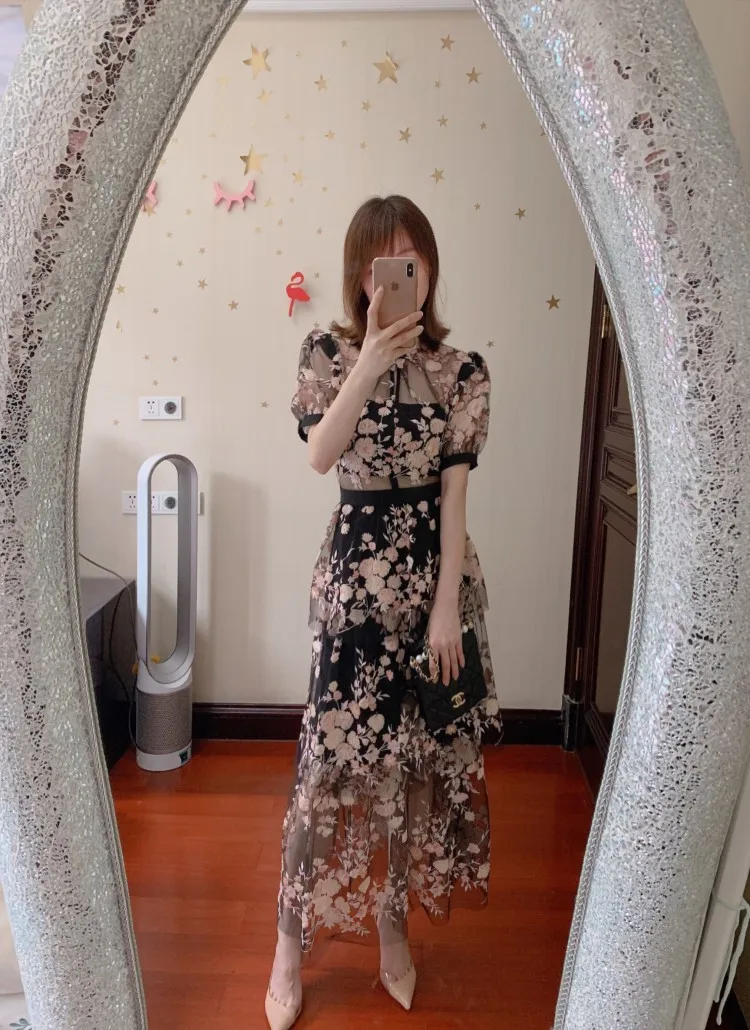 2019 год в отпуске мода цветы сеть ткани летний пояс длинное платье чёрное