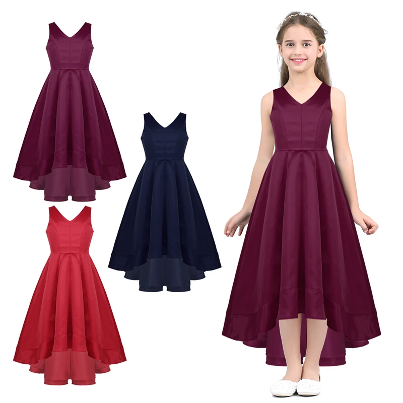 Kids Girls Satin Dress 2019 Summer Sleeveless V Neckline High-Low Hem Flower Girl Elegant Princess Birthday Party Dresses | Детская