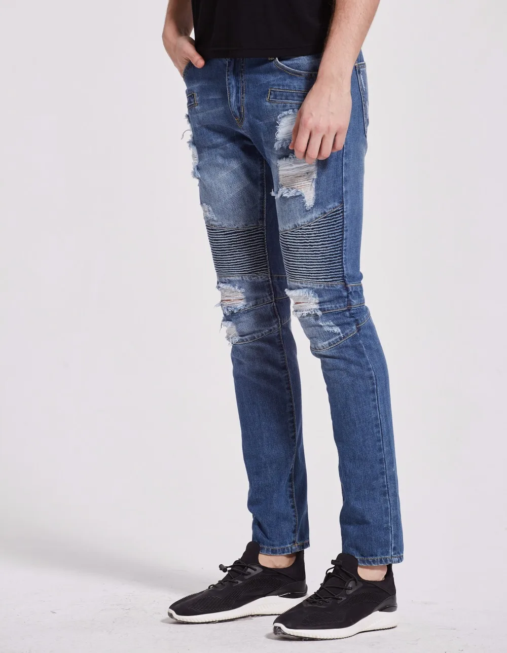 Мужские байкерские джинсы S1702 Классические облегающие с дырками|biker jeans|biker jeans