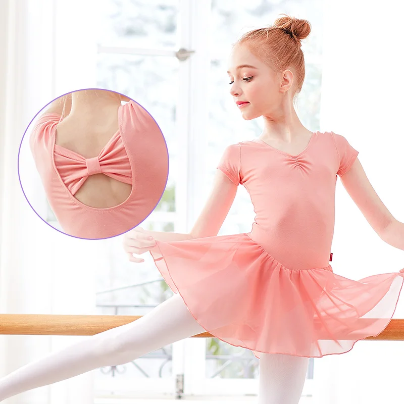 Ballet Dress Gymnastics Leotards for Girls Kids Short Sleeve Ballet Dancewear Chiffon Skirts Kids Bowknot Dance Leotards