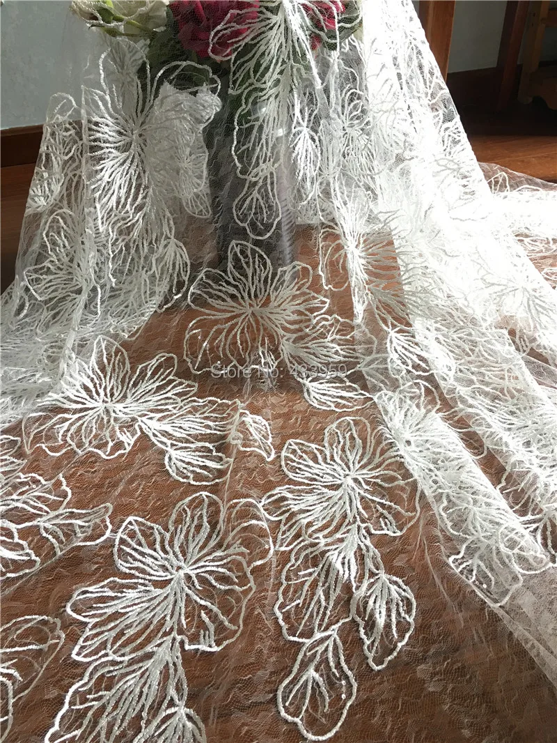 

High Quality Nigeria Mesh lace Fabric Fancy Pattern with Sequins AB3, Free Shipping Wedding Dress Organza Lace Pure white
