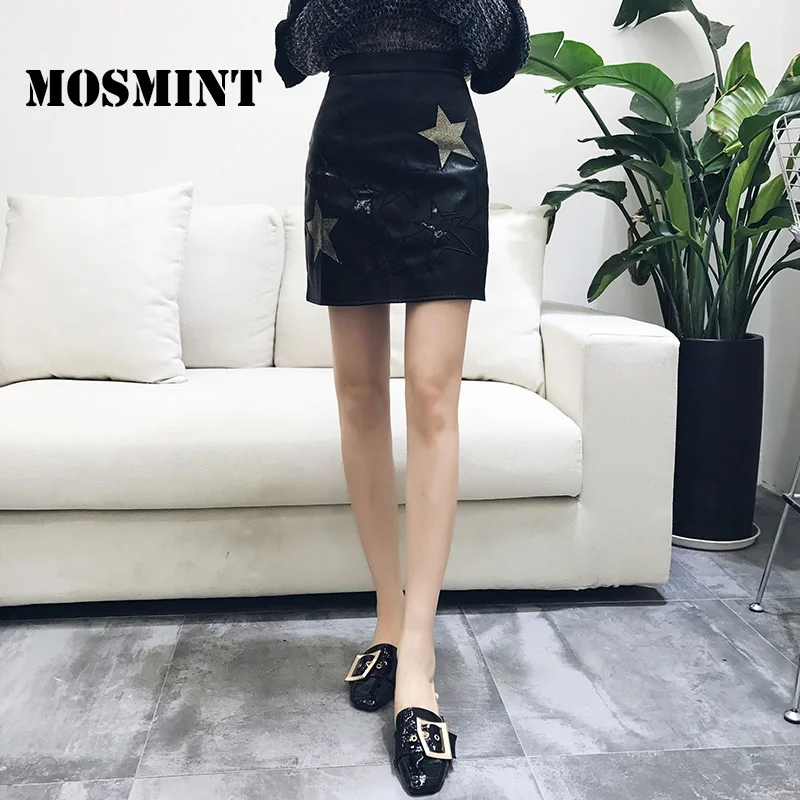MOSMINT Shiny Stars Embroidery PU Leather Skirt Women 2017 Autumn Retro Vintage High Waist A-line Short Mini with Lining |