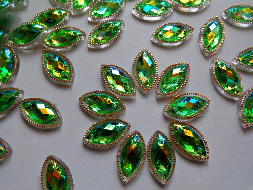 100 шт. пришивные стразы светло-зеленые конский глаз в форме пупета 7*15 мм