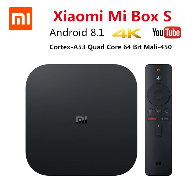 Xiaomi mi Box S 4 К ТВ коробка Cortex A53 четырехъядерный 64бит Мали 450 Android 8 1 2 ГБ + HD 0 г/5 Г Wi Fi