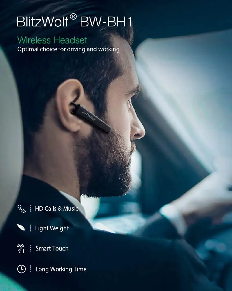 BlitzWolf BW-BH1 беспроводные bluetooth наушники HiFi мини светильник Smart Touch HD звонки шумоподавление одиночные наушники гарнитура
