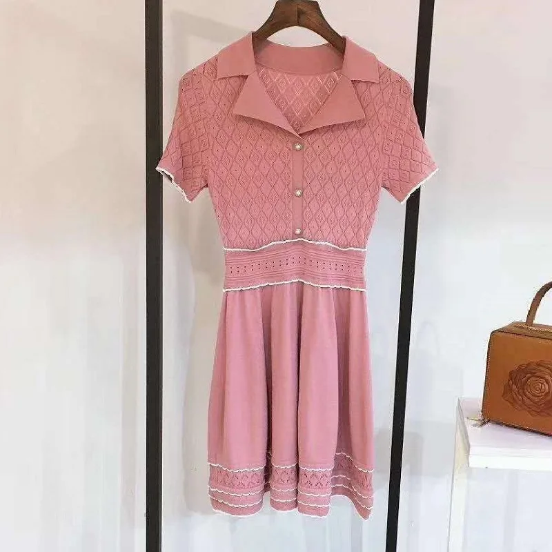 pink Новинка, летнее модное платье-свитер, повседневное женское платье с вырезами и воротником, трикотажное платье с коротким рукавом, голубое, розовое, приталенное платье-пуловер - Цвет: pink