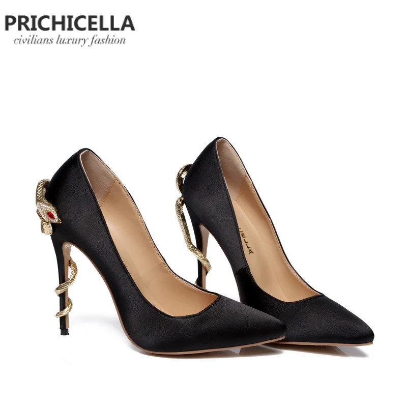 Атласные золотые туфли-лодочки PRICHICELLA на высоком каблуке из натуральной кожи с