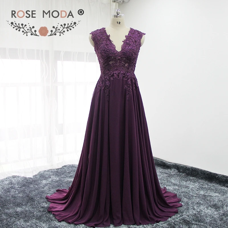 

Rose Moda V Neck Purple Floor Length Mother of the Bride Dress Cap Sleeves Lace MOB Dresses Illusion Lace Back Plus Size 2018