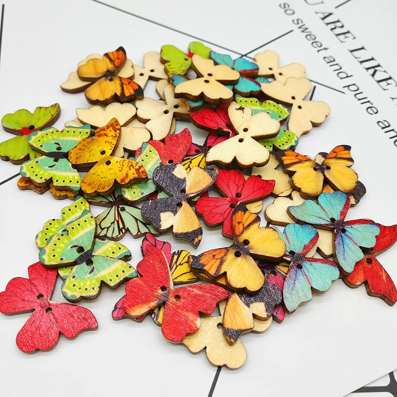 

100pcs/lot Sewing Accessories Flatback Scrapbooking Wood Buttons Mix 25x25mm Butterfly 2 Holes Wooden Buttons Craft MR 001