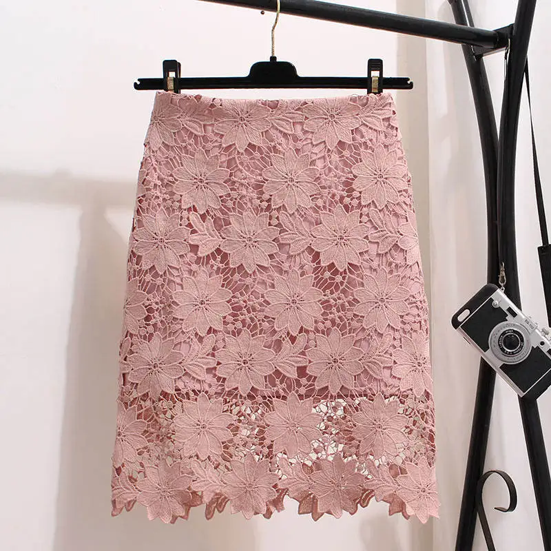pink Женская кружевная юбка, летняя юбка с высокой талией, Falda Mujer, модные элегантные кружевные женские юбки футляр, Saias C5542 - Цвет: pink