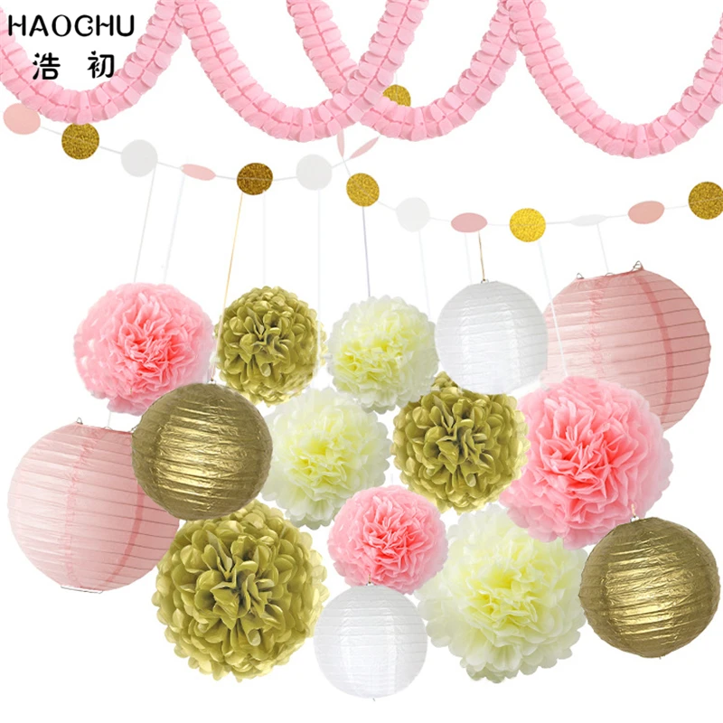 HAOCHU 18 шт./компл. розовый белый папиросная бумага Pom Poms круглый фонарь гирлянда из