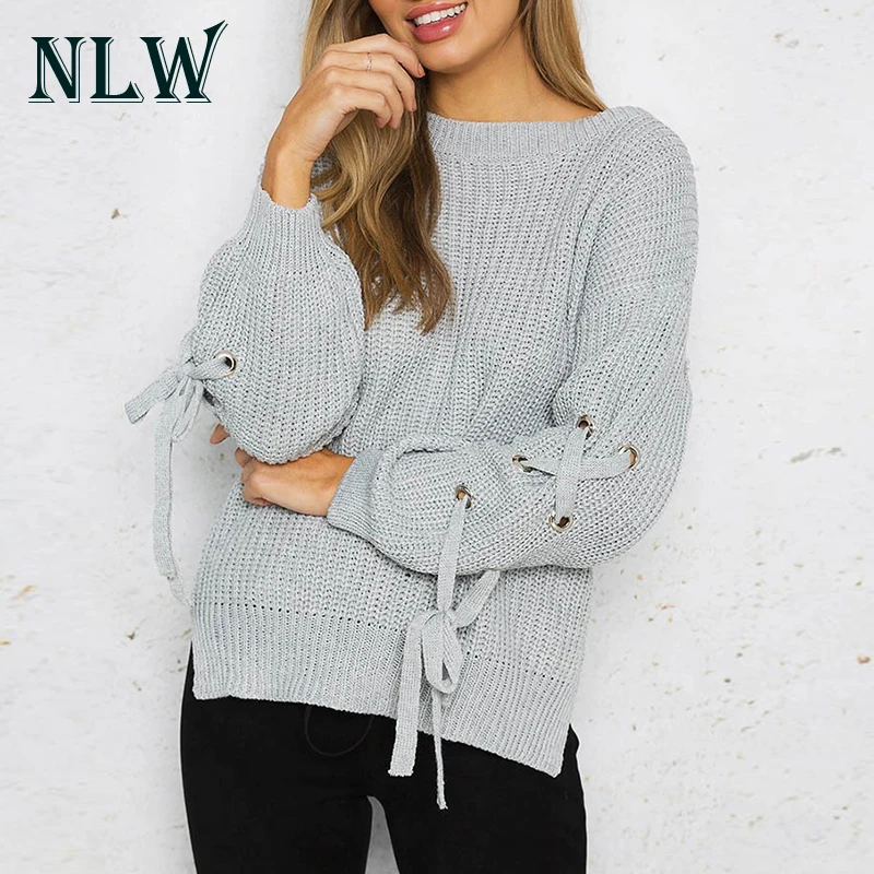 NLW Lace Up Long Sleeve Grey Women Sweaters O Neck Knitted Pullovers Casual Black Jumpers 2017 Autumn Winter Warm Sweater Jumper | Женская